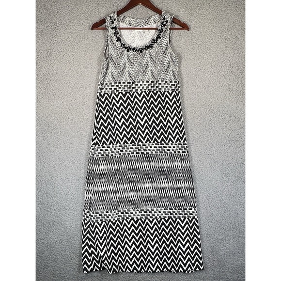 Chicos‎ Embellished Tank Maxi Dress Black White Stripe Chevron Size 1 Elegant - Picture 1 of 8